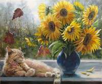 Без бренда «Подсолнухи в синей вазе возле кота» во Владимире  в интернет-магазине  Без бренда «Подсолнухи в синей вазе возле кота» во Владимире
