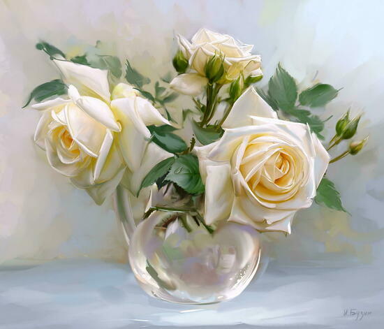 Алмазная мозаика 40x50 Три белых розы в маленьком кувшине