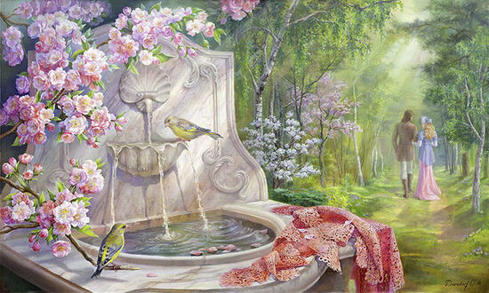 Алмазная мозаика 40x50 Прогулка в саду у фонтана