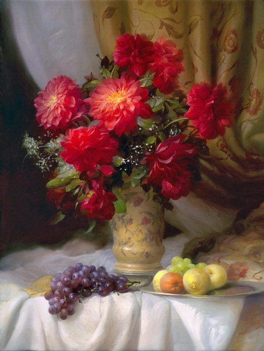 Картина по номерам 40x50 Натюрморт с фруктами и красными георгинами