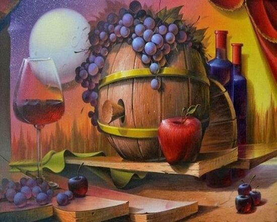 Алмазная мозаика 40x50 Бочонок вина и фрукты
