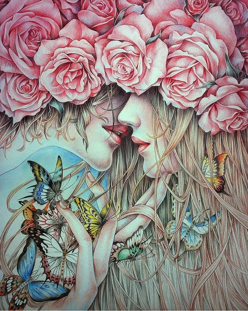 Алмазная мозаика 40x50 Поцелуй, розовые розы и бабочки