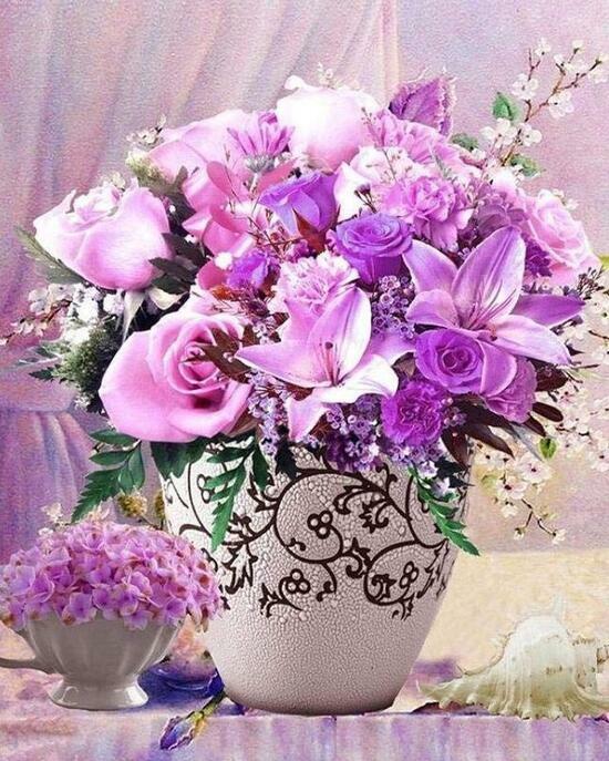 Алмазная мозаика 40x50 Букет з сиреневых лилий и фиолетовых роз