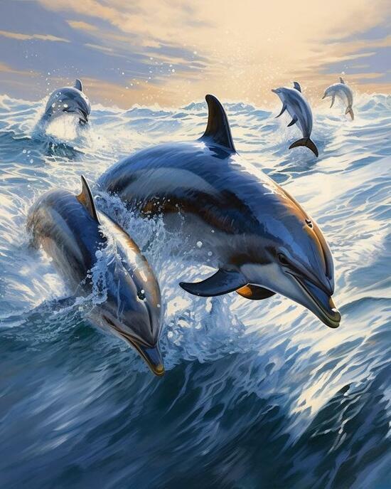 Алмазная мозаика 40x50 Стая дельфинов в бурном море