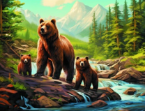 Медведица с медвежатами на берегу реки