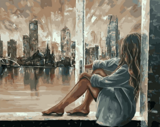 Картина по номерам 40x50 Девушка на окне с видом на Манхеттен
