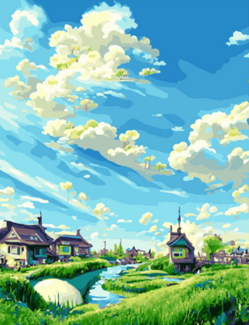 Картина по номерам 40x50 Милая деревня у реки под голубым небом