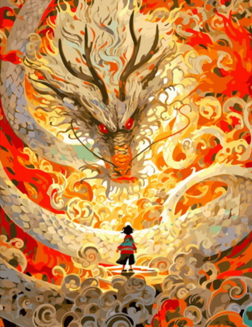 Картина по номерам 40x50 Маленький мальчик и огромный дракон