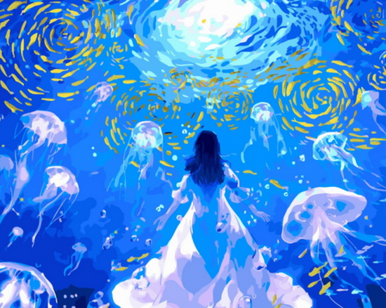 Картина по номерам 40x50 Царица моря среди медуз и рыб