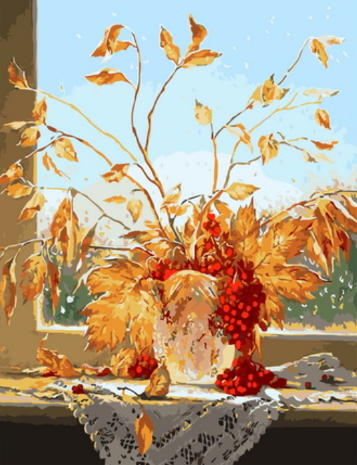 Картина по номерам 40x50 Осенний букет с калиной на подоконнике