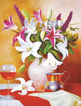 Букет красивых лилий и вино