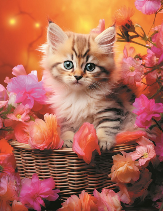 Алмазная мозаика 40x50 Пушистый котёнок в корзинке среди нежных цветов